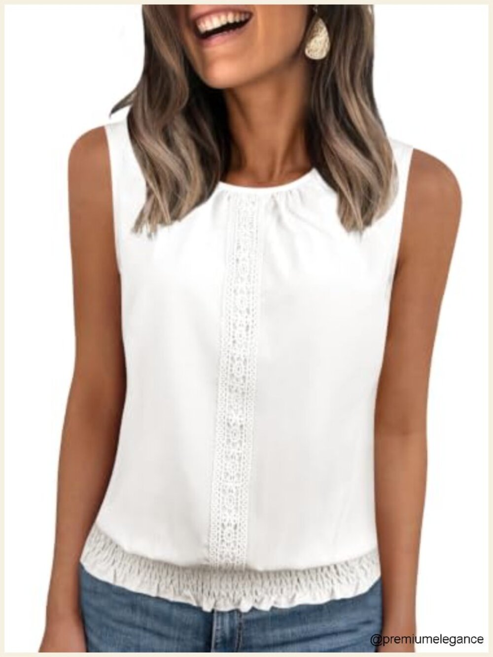Women's Sleeveless Tank Top Crochet Lace Pleated Crewneck Smocked Hem Blouse